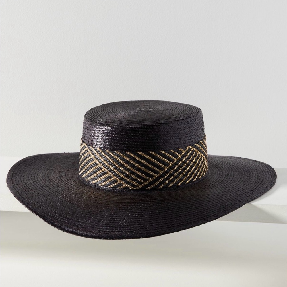 Women's Black Straw Sun Hat with Woven Tan Band - Suncare Collection